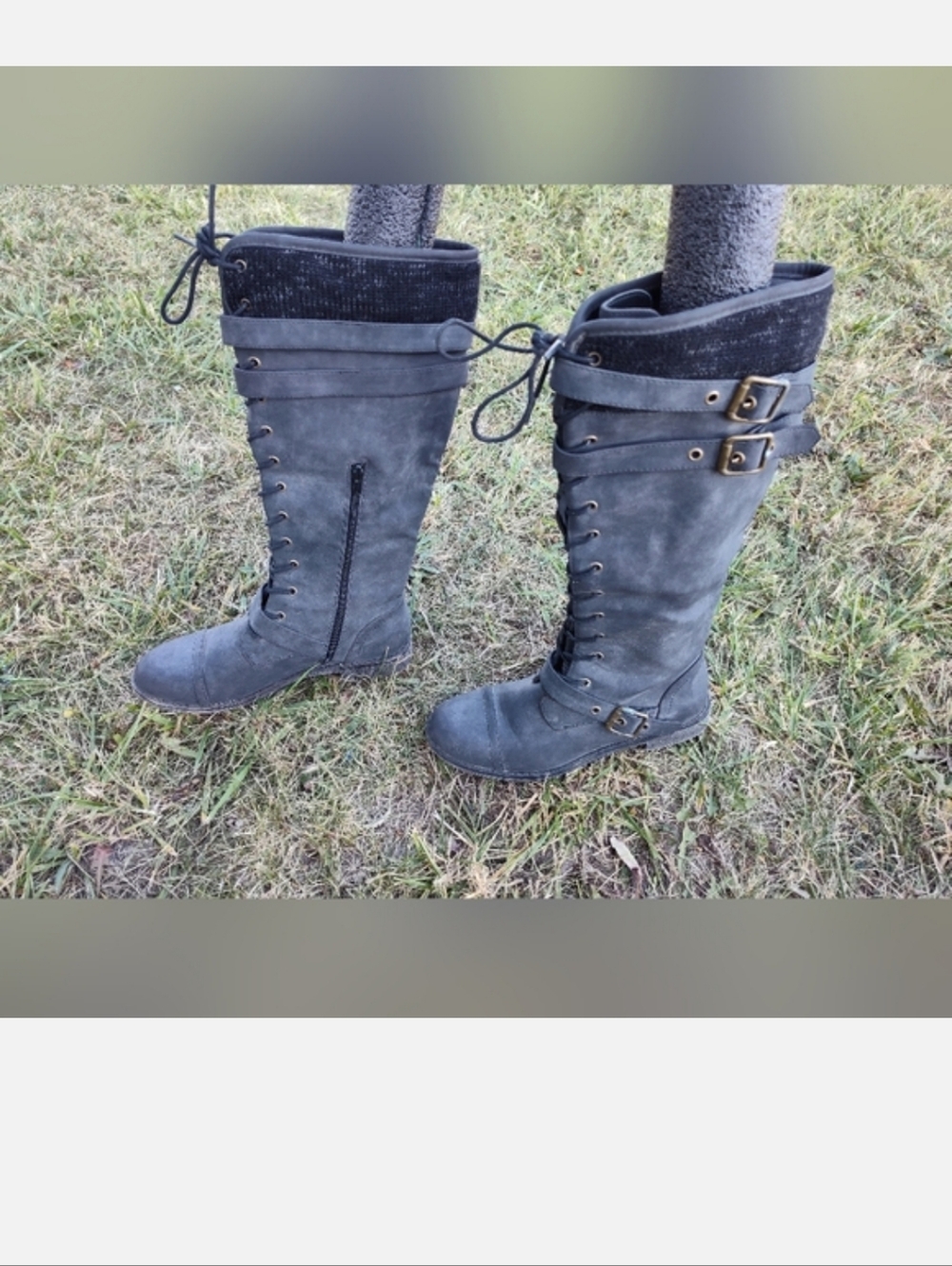 Women’s Gray Lace-Up Knee-High Boots with Buckle Detail